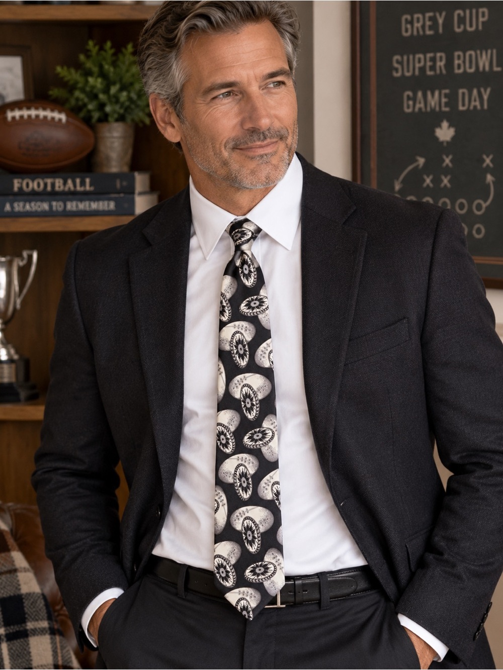 Italian Silk Football Tie Novelty Print Grey Cup CFL Simon Chang